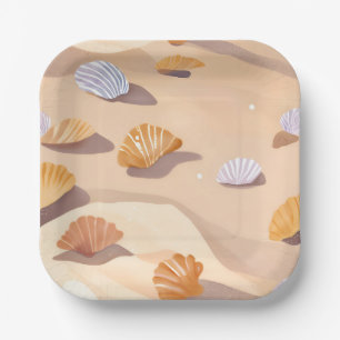 Seashells in the Sand   Beach Ocean Watercolor Paper Plate