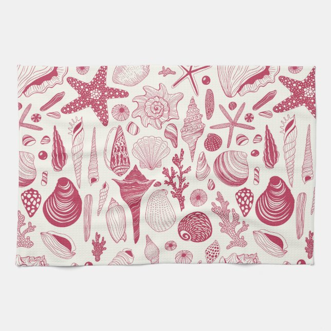 Seashells in Viva Magenta- Colour of the Year 2023 Kitchen Towel (Horizontal)