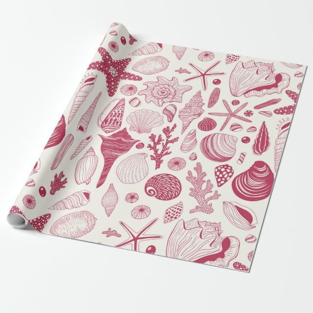 Seashells in Viva Magenta- Colour of the Year 2023 Wrapping Paper (Unrolled)