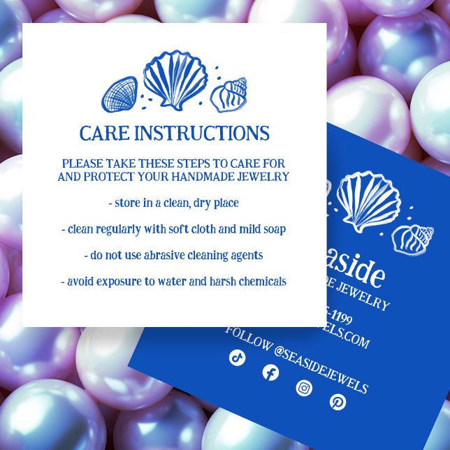 SEASHELLS Jewellery CARE INSTRUCTIONS Handmade Cra Square Business Card (SEASHELLS Jewelry CARE INSTRUCTIONS Handmade Craft Square Business Card
)