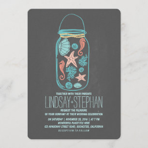 Seashells mason jar beach wedding invitations