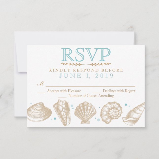 Seashells Nautical Beach Wedding RSVP Tan/Aqua Card (Front)