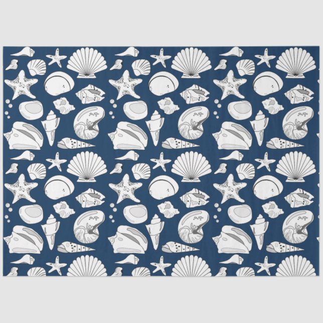Seashells Nautical Navy Blue Decoupage Tissue Paper (Front)