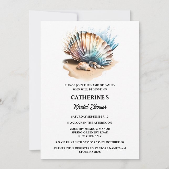 Seashells nautical sand beach iridescent chic invitation (Front)