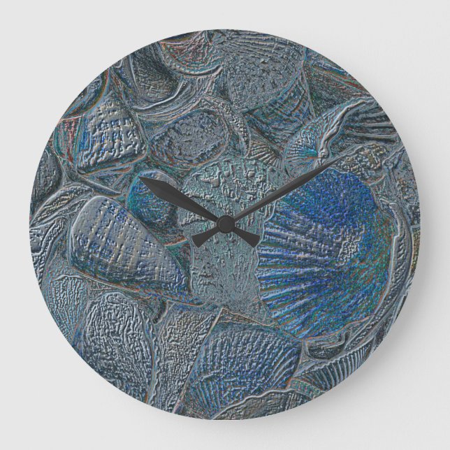 Seashells Ocean Beach Blue Nautical Metallic Art Large Clock (Front)
