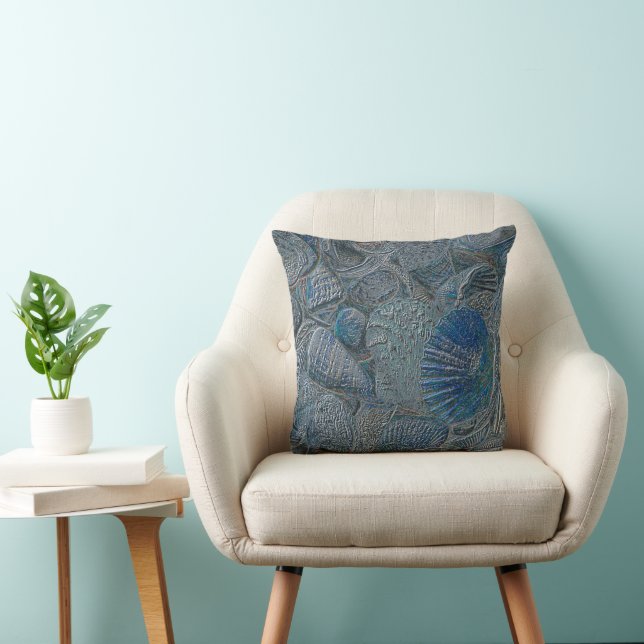 Seashells Ocean Beach Blue Nautical Metallic Throw Pillow (Chair)