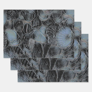 Seashells Ocean Beach Pastel Blue Black Decoupage Wrapping Paper Sheet