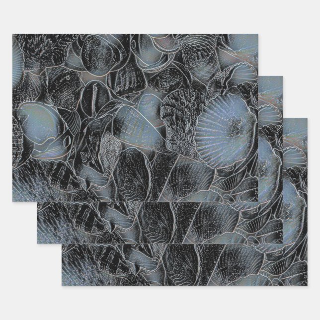 Seashells Ocean Beach Pastel Blue Black Decoupage Wrapping Paper Sheet (Set)