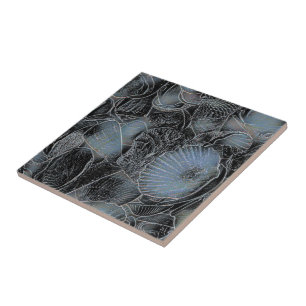 Seashells Ocean Beach Pastel Blue Black Nautical Tile