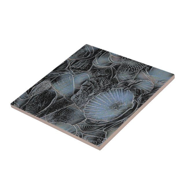 Seashells Ocean Beach Pastel Blue Black Nautical Tile (Side)