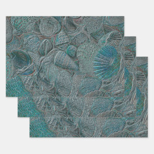 Seashells Ocean Beach Teal Grey Metallic Wrapping Paper Sheet