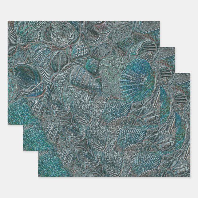 Seashells Ocean Beach Teal Grey Metallic Wrapping Paper Sheet (Set)