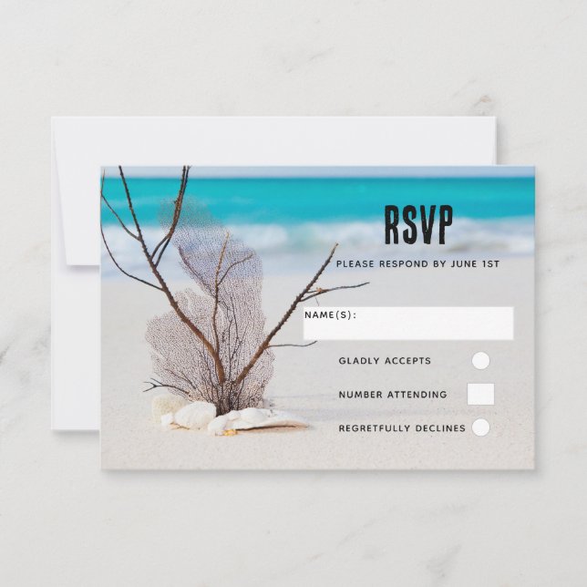 Seashells on a Sandy Beach Photo Wedding RSVP Card (Front)
