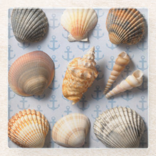 Seashells On Anchor Backdrop Glass Coaster