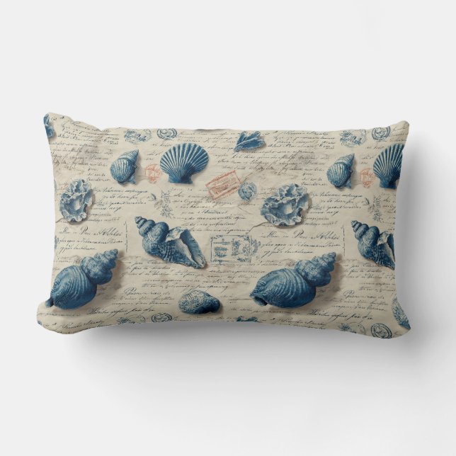 Seashells On French Script Parchment Lumbar Pillow (Front)