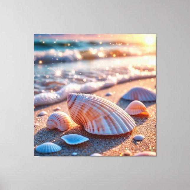 Seashells On Sand With Glittering Ocean Waves Canvas Print (Front)