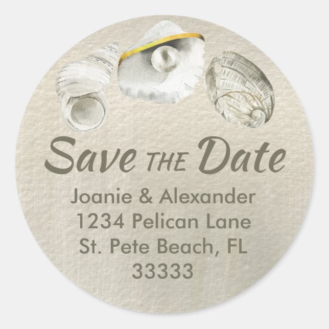Seashells on Shimmering Silver Save the Date Classic Round Sticker (Front)