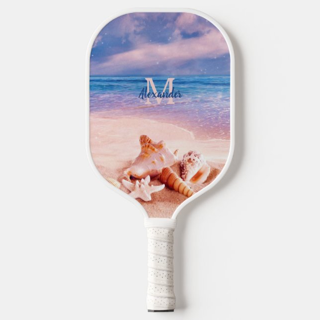 Seashells on the Sea Beach Paradise Monogram Pickleball Paddle (Front)