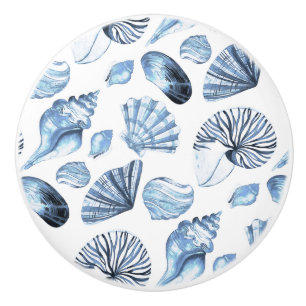 Seashells Pattern in Blue Beach House Ceramic Knob