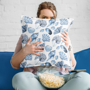 Seashells Pattern in Blue Beach House Throw Pillow
