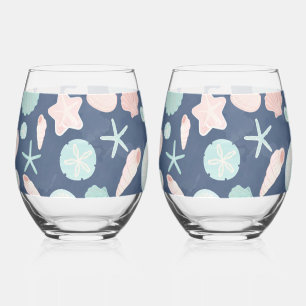 seashells pattern stemless wine glass