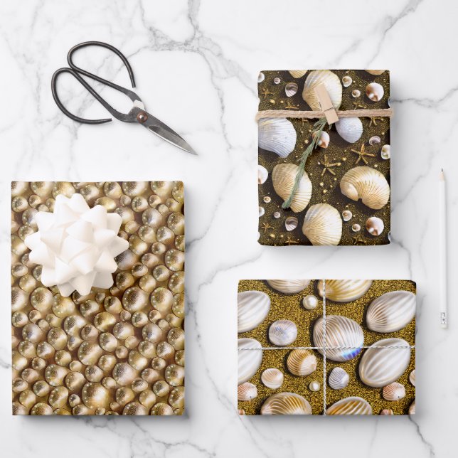Seashells pearls sandy beach shells gold shimmer wrapping paper sheet (Front)