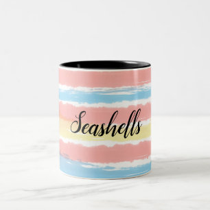 Seashells Pink Blue Yellow Watercolor Stripes Two-Tone Coffee Mug