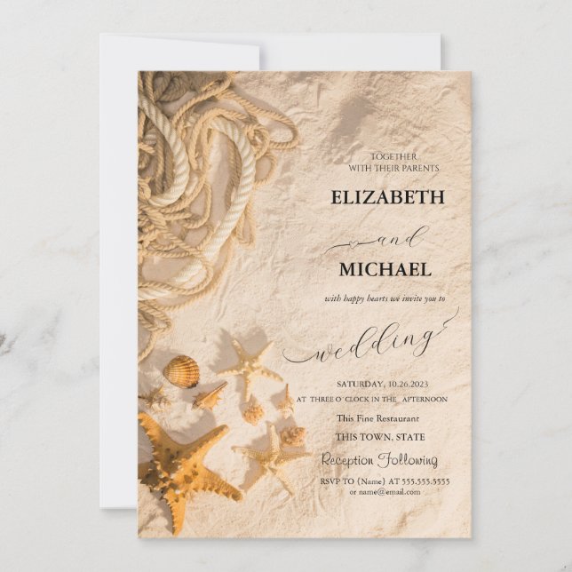 Seashells Rope Sand Script Wedding Invitation (Front)