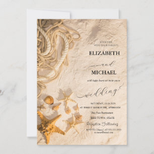Seashells Rope Sand Script Wedding Invitation