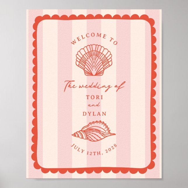 Seashells Scalloped Border Stripe Wedding Welcome Poster (Front)
