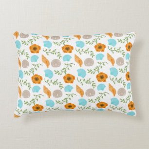 Seashells Sea Snail Orange Flower Green Leaves Accent Pillow