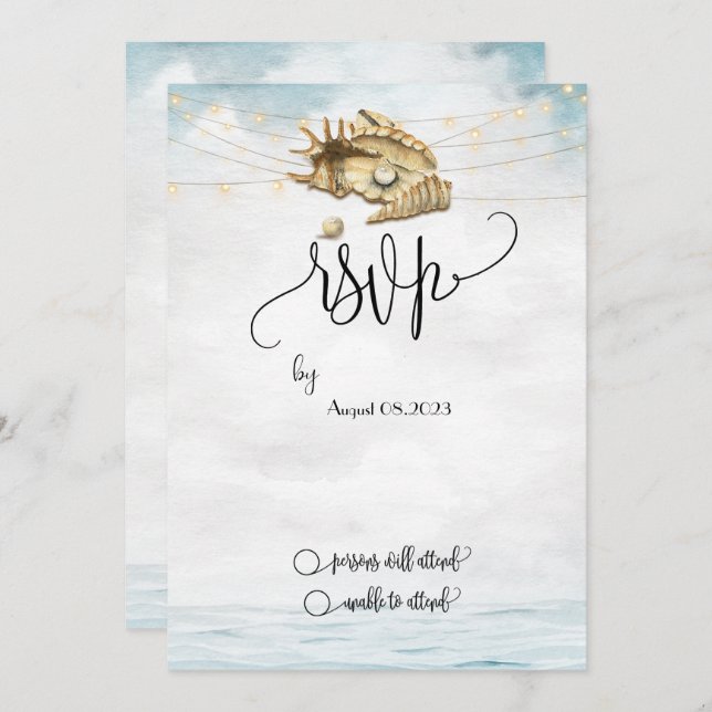 Seashells,Sea,String Lights Script RSVP Invitation (Front/Back)