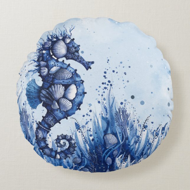 Seashells Seahorse Round Pillow (Front)