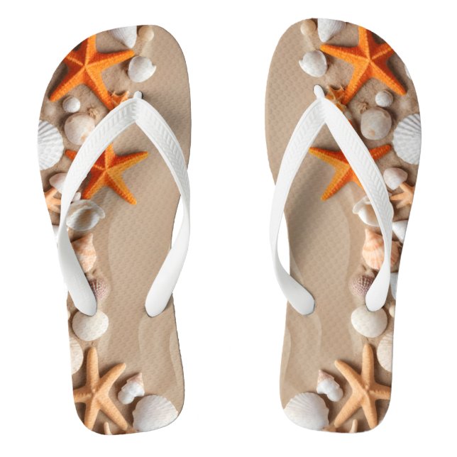 Seashells, starfish, and pebbles on a sandy beach  flip flops (Footbed)