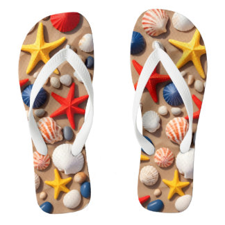  Seashells, starfish, and pebbles on a sandy beach Flip Flops