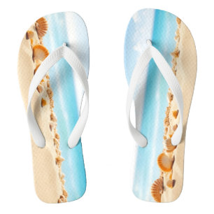 Seashells, starfish, and pebbles on a sandy beach  flip flops