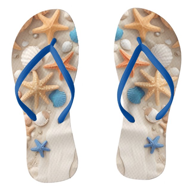 Seashells, starfish, and pebbles on a sandy beach  flip flops (Footbed)