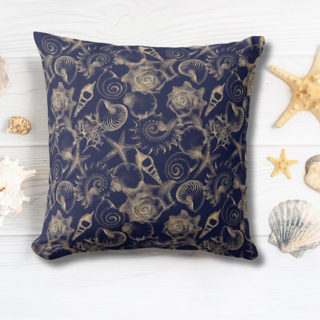 Seashells Starfish Blue Ocean Coastal Beach House  Throw Pillow (Seashells and Starfish Blue Ocean Coastal Beach House Throw Pillow)