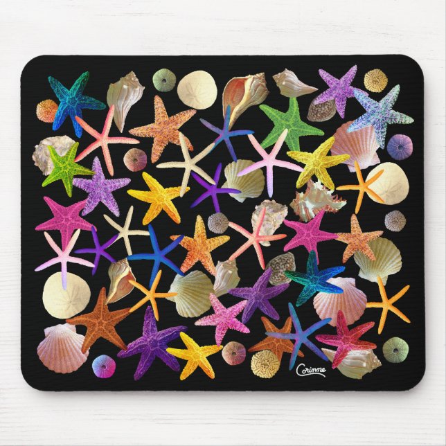 Seashells & Starfish on Black - Mouse Pad (Front)