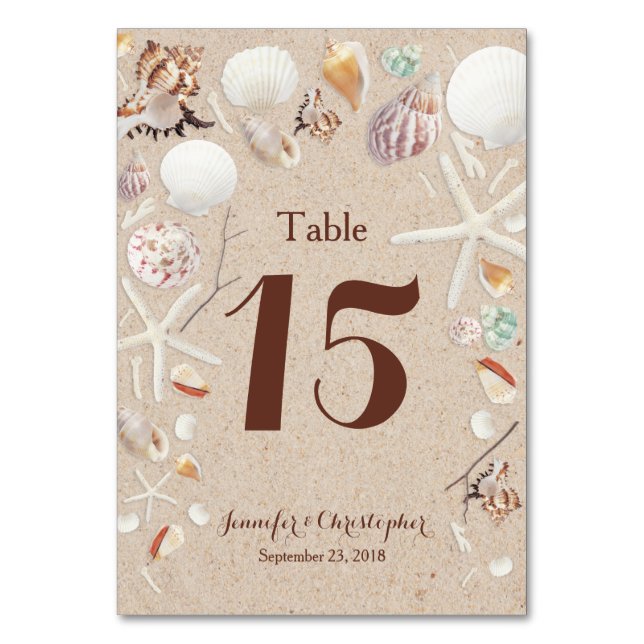 Seashells & Starfish on the Beach Wedding Table Number (Front)