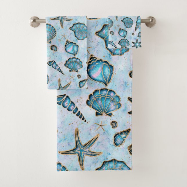 Seashells Starfish Watercolor Opal ID782 Bath Towel Set (Insitu)