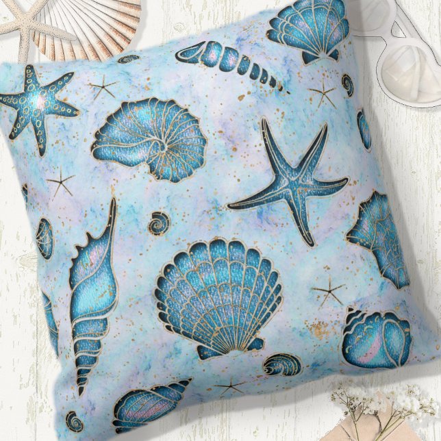 Seashells Starfish Watercolor Opal ID782 Throw Pillow (Creator Uploaded)