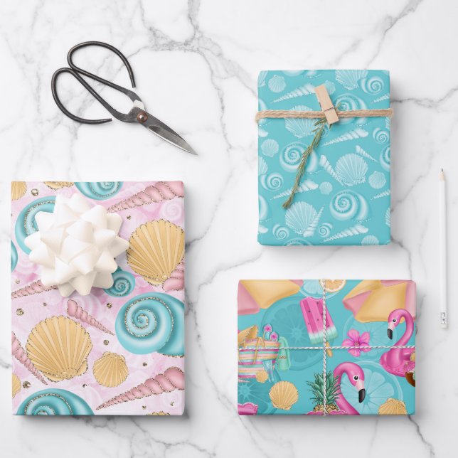 Seashells Summer Beach Wrapping Paper Sheets (Front)
