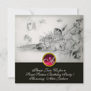 SEASHELLS SWEET 16 PARTY,Ruby Monogram Black White Invitation