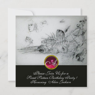 SEASHELLS SWEET 16 ,Ruby Monogram Black Silver Invitation