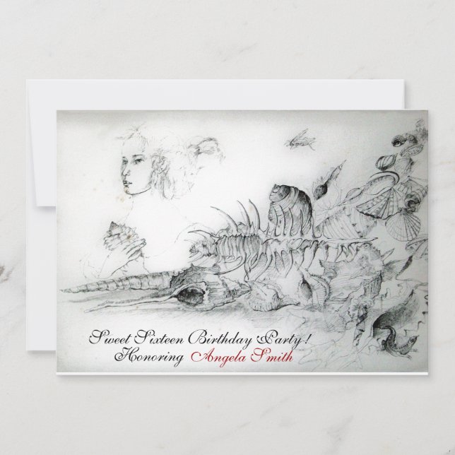 SEASHELLS SWEET SIXTEEN PARTY,Ruby Monogram White Invitation (Front)