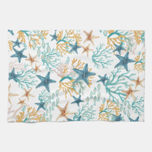 Seashells Teal Coral Sealife Fish Kitchen Towel