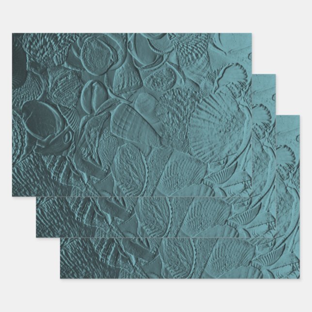 Seashells Teal Ocean Beach Metallic Decoupage Wrapping Paper Sheet (Set)