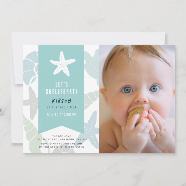 Seashells Turquoise Blue 1st Birthday Photo Invitation (Front)