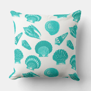 Seashells - Turquoise on a White Background Outdoor Pillow
